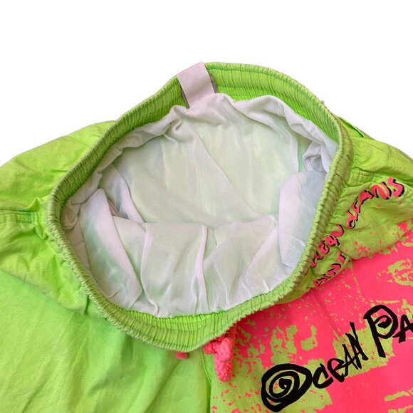 Vtg OP Ocean Pacific Swim Trunks Mens Medium Lined Neon Green Pink - Picture 7 of 9